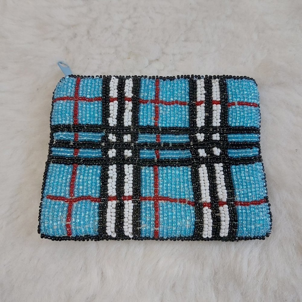 Handmade Blue Plaid Double Sides Beaded Zipper Closure Coin Pouch